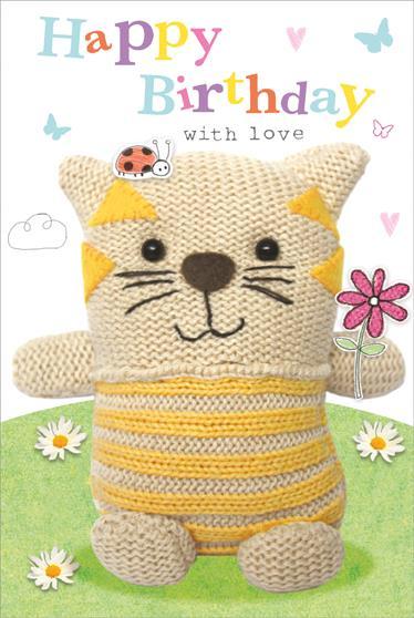 Children's Birthday Card - Knitted Cat/Flower