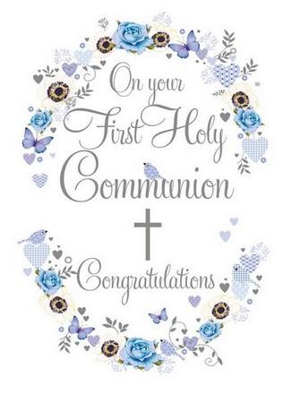 Holy Communion Card - First Holy Communion - Blue Heart Garland