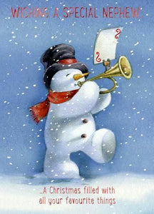 Christmas Card - Nephew - Snowman & Trumpet