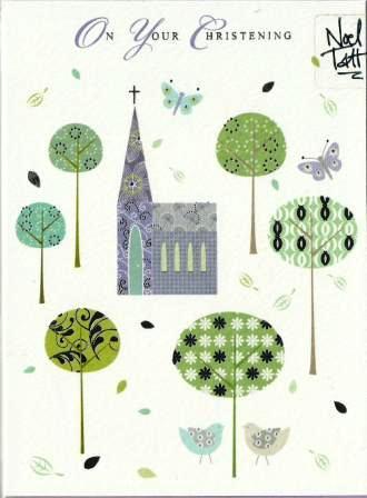 Christening Card - Church and Topiary Trees