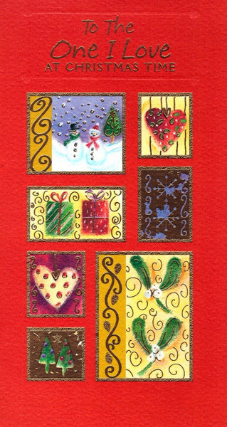 Christmas Card - One I Love - Squares Snowmen, Hearts & Gifts