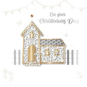 Christening Card - Christening Day Church and Picket Fence