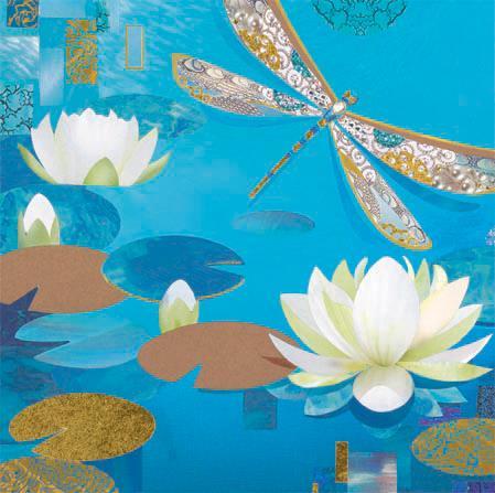 Blank Card - Blue Dragonfly & Water Lilies