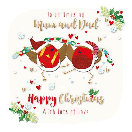 Christmas Card - Mum and Dad - Dancing Robins With Christmas Paper Chain