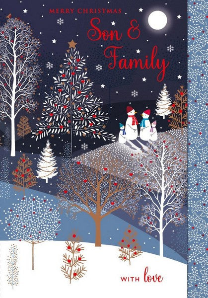 Christmas Card - Son and Family - Snowmen in Trees