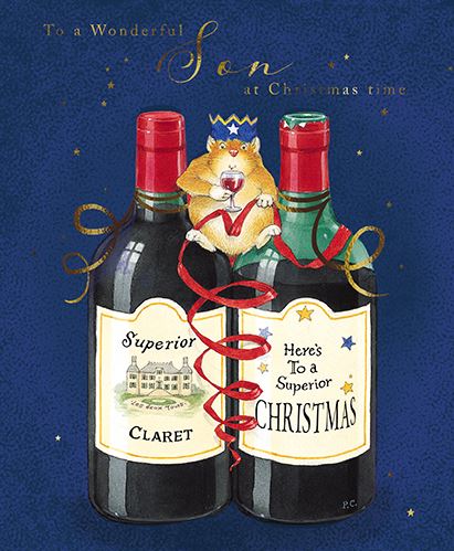 Christmas Card - Son - Mouse & 2 Wine Bottles