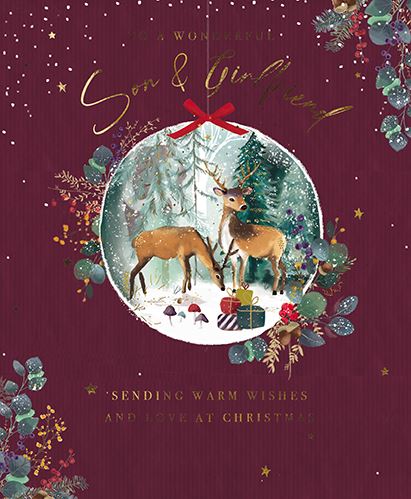 Christmas Card - Son and Girlfriend - Deer In A Snow Globe
