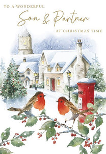 Christmas Card - Son and Partner - Robins & Post Box In The Snow