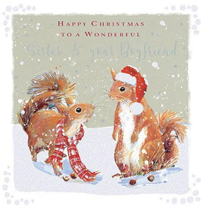Christmas Card - Sister and Boyfriend - Squirrels In The Snow