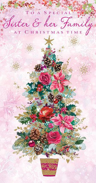 Christmas Card - Sister and Family - Vintage Floral Christmas Tree