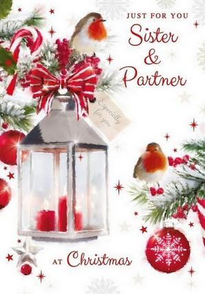 Christmas Card - Sister and Partner - Lantern/Baubles