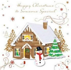Christmas Card - Someone Special - Snowman And Log Cabin