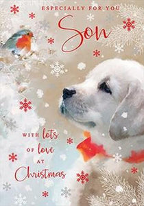 Christmas Card - Son - Puppy & Robin from Nigel Quiney Publications, English Cards in France