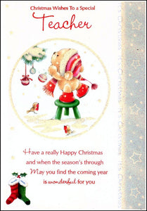 Christmas Card - Teacher - Bear Decorating Tree