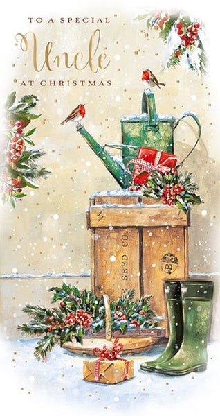 Christmas Card - Uncle - Watering Can & Robin