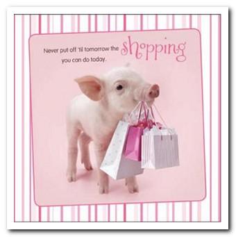 Birthday Card - Pig Holding Shopping Bags
